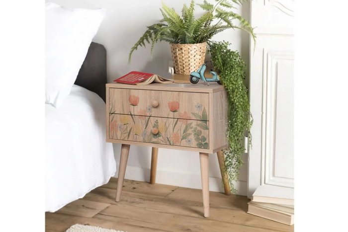 Hanah Home City Two Tulip Mesita de Noche con Impresión Impresionista Floral, 60x61x40cm